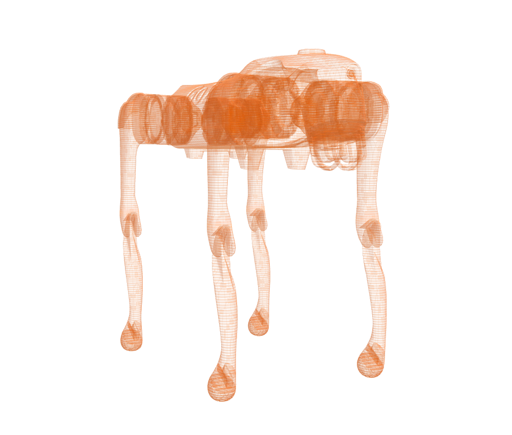Unitree Go2 als orangefarbene holografische 3D-Darstellung